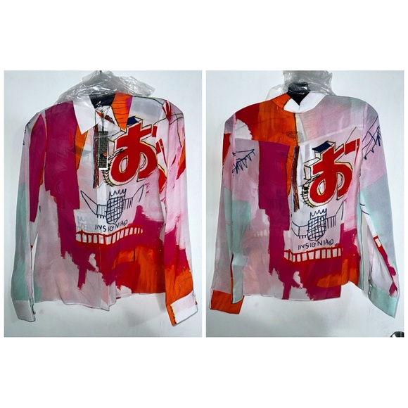 Alice + Olivia Willa Basquiat Pink Red Multi Placket Top - Picture 8 of 13